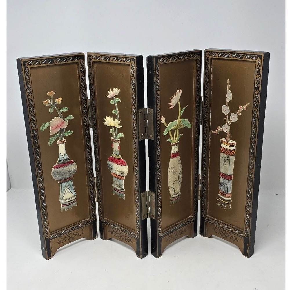 Vtg Chinese Triptych hand carved jade mother of pearl folding screen tabletop
